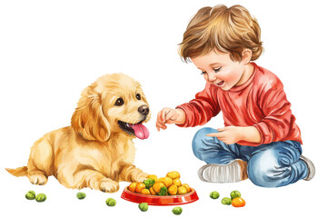 A child is feeding a playful golden retriever puppy with colorful treats from a bowl.