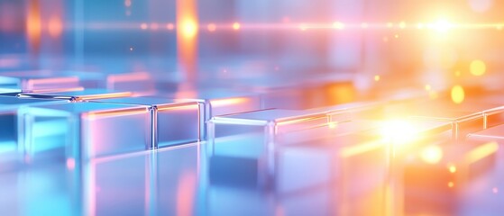 A vibrant, abstract digital landscape featuring illuminated, transparent blocks arranged in a reflective environment with a warm glow.