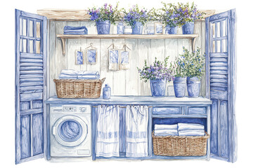 A charming laundry area featuring a washing machine, neatly folded towels, baskets, and potted plants, all in a cozy blue and white color scheme.