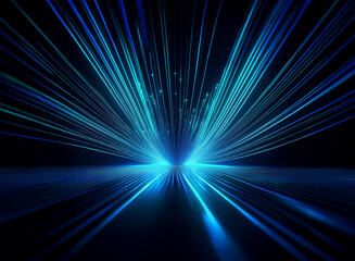 Obraz premium Dynamic blue light streaks radiate from a central point, creating a futuristic, high-speed motion effect on a dark background. The effect resembles a starburst or light trails.