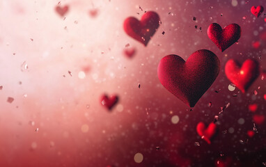 Obraz premium A dreamy scene of floating red hearts against a soft bokeh background