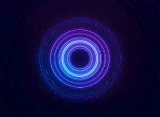 Abstract concentric circles of glowing purple and blue light. A futuristic, technological design with a dark background.