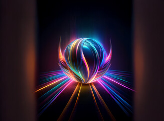 Obraz premium A vibrant, iridescent sphere glows with inner light, surrounded by radiating beams of color on a dark background. The sphere's surface is textured, resembling flowing ribbons or petals.
