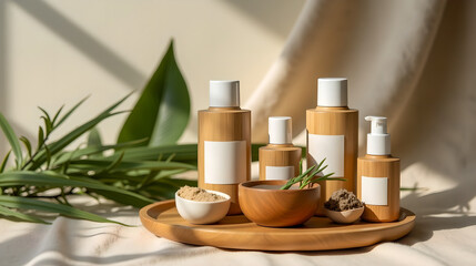 Eco-friendly beauty products arranged on a wooden tray with soft natural lighting