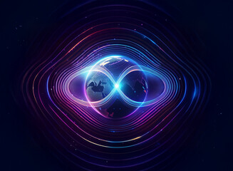 Obraz premium A luminous Earth encased in an infinity symbol, encircled by vibrant, concentric energy rings against a dark backdrop. The image evokes concepts of endlessness, cosmic energy, and global interconnect