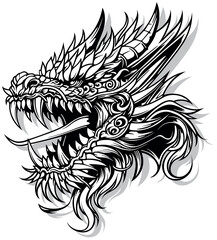 Obraz premium Drawing of Dragon Head as Logo or Tattoo - Black Illustration Isolated on White Background, Vector