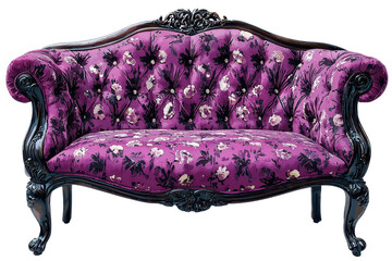 A vintage sofa featuring a plush purple floral upholstery with tufted detailing and ornate black wooden legs.