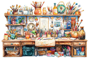 A vibrant artist's workspace filled with various brushes, paints, jars, and tools, showcasing creativity and color in every detail.
