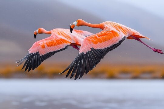 Graceful Flamingos in Flight Over a Serene Wetland - Powered by Adobe
