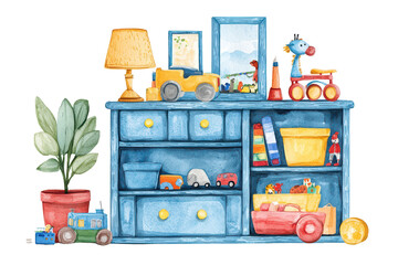 A colorful wooden shelf filled with toys, books, and a lamp, accompanied by a plant, creating a playful and inviting atmosphere.