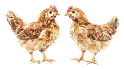 Two Brown Chickens Facing Each Other Watercolor Painting