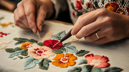 A Hungarian embroiderer creating a Kalocsa floral pattern on fine linen.