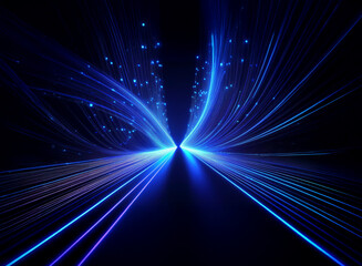 A vibrant blue light trail streaks across a dark background, resembling a futuristic highway or cosmic pathway, glowing with bright particles.  The perspective creates a sense of speed and movement.