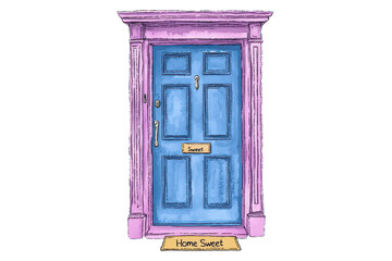 A bright blue door with a pink frame, featuring a mail slot and a sign that reads "Home Sweet.