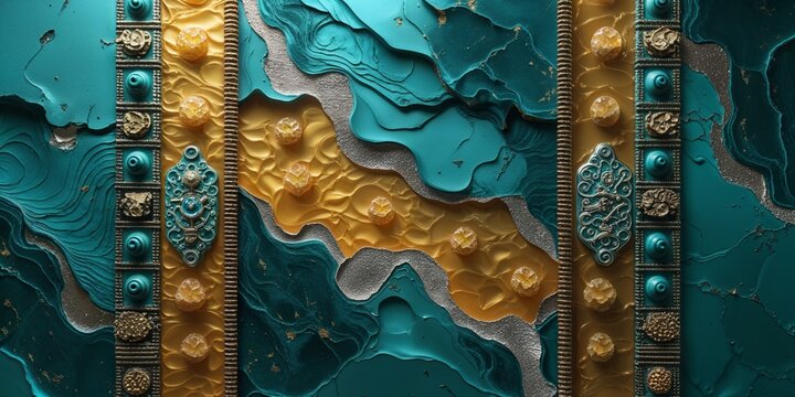 Teal and Gold Abstract Pattern with Decorative Embellishments and Jewel Accents Elegant Design