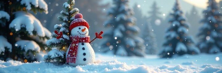 Obraz premium Snow-covered branches of a vertical Christmas tree are intertwined with the body of a small snowman, snowman, trees