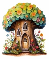 Fototapeta premium Whimsical Tree House with Colorful Flowers and Lush Foliage