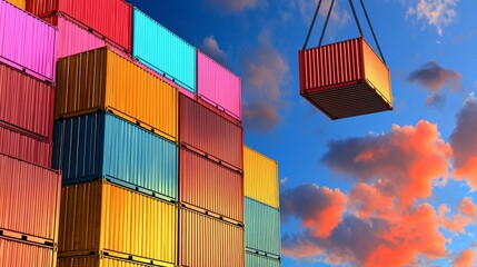Fototapeta premium A vibrant stack of cargo containers against a dramatic sky with one being lifted by a crane symbolizes global trade and logistics.