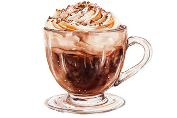 A beautifully crafted cup of coffee topped with whipped cream and chocolate shavings, showcasing rich colors and textures.