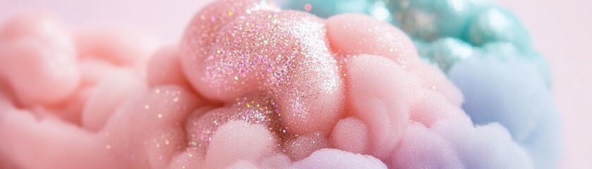 Fototapeta premium A dreamy pastel gradient features fluffy clouds in blush, lilac, and sky blue tones, accented by sparkling glitter that adds a touch of magic and whimsy to the overall aesthetic