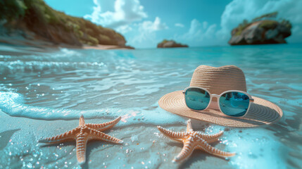 Beach scene with starfish, sunglasses, and sun hat
