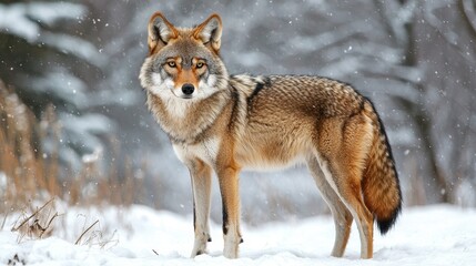 Fototapeta premium A coyote stands majestically in a snowy landscape, showcasing its thick fur coat against a serene, wintry backdrop.