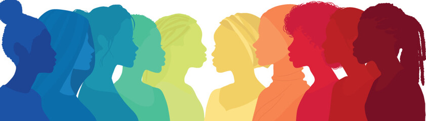 Communication group of multicultural women. face silhouette profile. Female social network community of diverse culture. Equality - Inclusion - Empowerment Colleagues. Rainbow colors