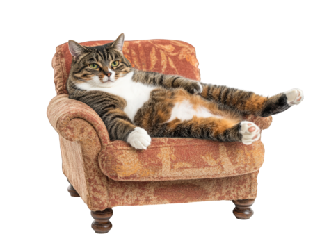 chubby cat lounging on tiny chair, looking utterly relaxed and comfortable. This adorable feline exudes sense of tranquility and contentment in its cozy spot
