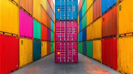 Rows of vibrant shipping containers centrally focused emphasize efficient cargo handling and global trade.
