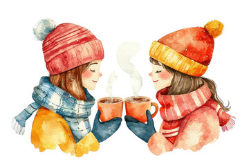 Two girls wearing colorful hats and scarves share warm drinks, surrounded by steam rising from their mugs.