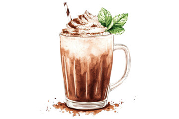 A frosty glass of chocolate drink topped with whipped cream and garnished with a mint leaf.