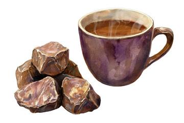 A ceramic cup filled with dark liquid sits beside several textured rocks, showcasing a warm, earthy aesthetic.
