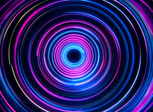 Abstract image featuring concentric circles of vibrant neon pink and blue light, creating a hypnotic and dynamic visual effect.  The glowing rings radiate outwards from a central dark core.