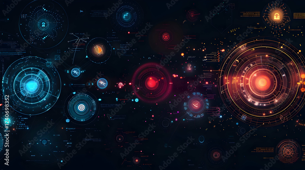 Poster abstract digital interface with glowing data points and security icons in a futuristic setting