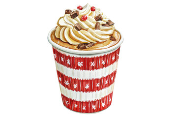 A festive cup filled with whipped cream, chocolate bits, and red accents, topped with decorative sprinkles.