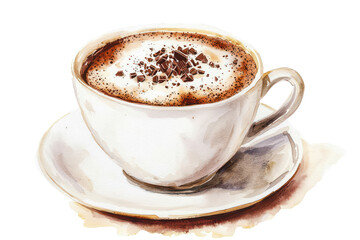 A cup of coffee topped with frothy cream and sprinkled with cocoa powder, presented on a saucer.