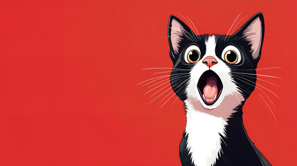 Wide-Eyed Surprise: Tuxedo Cat on Red