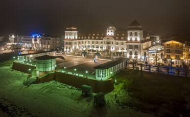 Aerial view of historical building at Beach of Binz at the Baltic Coast (Island Rugia, Germany) during a foggy night