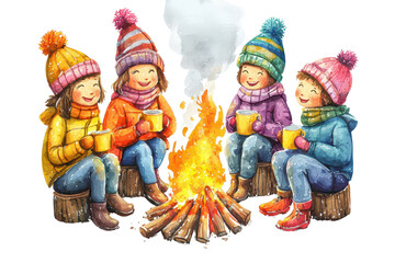 Four children in colorful winter clothing enjoy a warm campfire, holding mugs and sharing laughter in a cozy outdoor setting.