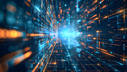 Futuristic digital tunnel with glowing lines and particles, representing data flow and technology