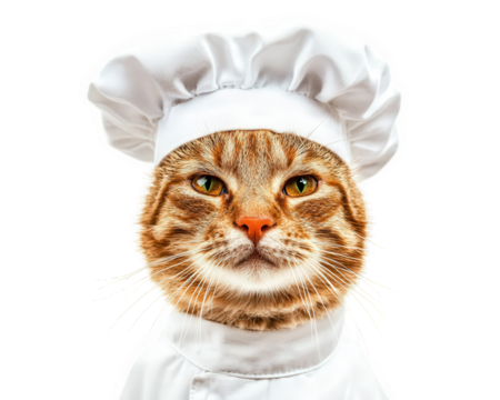 cat wearing tiny chef hat looks ready to cook, showcasing playful and whimsical expression. This adorable scene captures charm of feline in culinary role