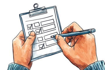 Hands holding a clipboard with a checklist, indicating tasks being marked completed using a pen against a dark background.