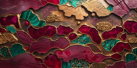 Fototapeta premium Abstract Jewel Tones with Gold Accents Modern Decorative Art Wall Panel Design