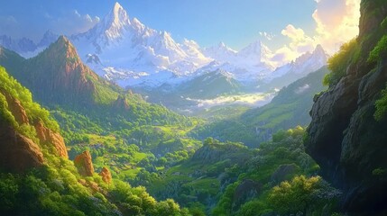 Naklejka premium Majestic Mountain Landscape with Lush Greens and Clear Skies