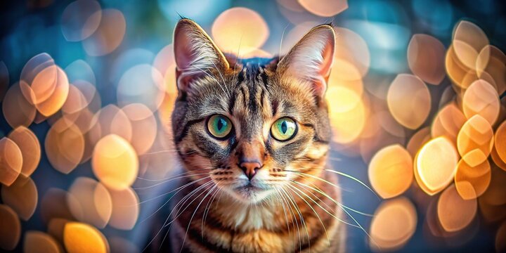 A cat, eyes wide, stares quizzically in a long exposure.