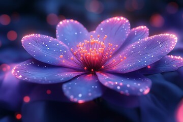 Vibrant Purple Flower with Glowing Accents and Dewdrops Against Dark Background

