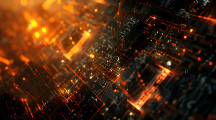Fototapeta premium Aerial view of a futuristic cityscape glowing with orange and gold lights at night