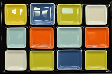 Grid square ceramic tile wall with colourful geometric shape and form random pattern with minimal modern post modern bauhaus style