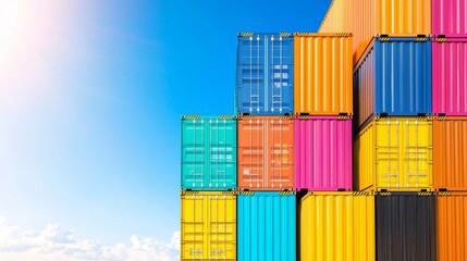 A close-up of colorful shipping containers stacked against a blue sky illustrating global trade and shipping logistics.