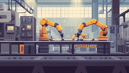 A modern factory floor with automated robotic arms working on an assembly line